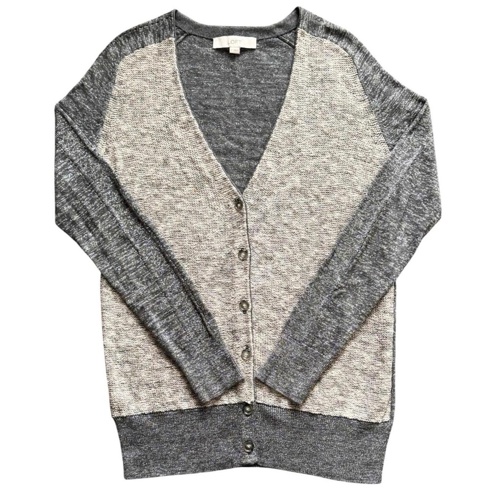Loft Cardigan Women S Grey White Colorblock Button V-Neck Linen Cotton Blend